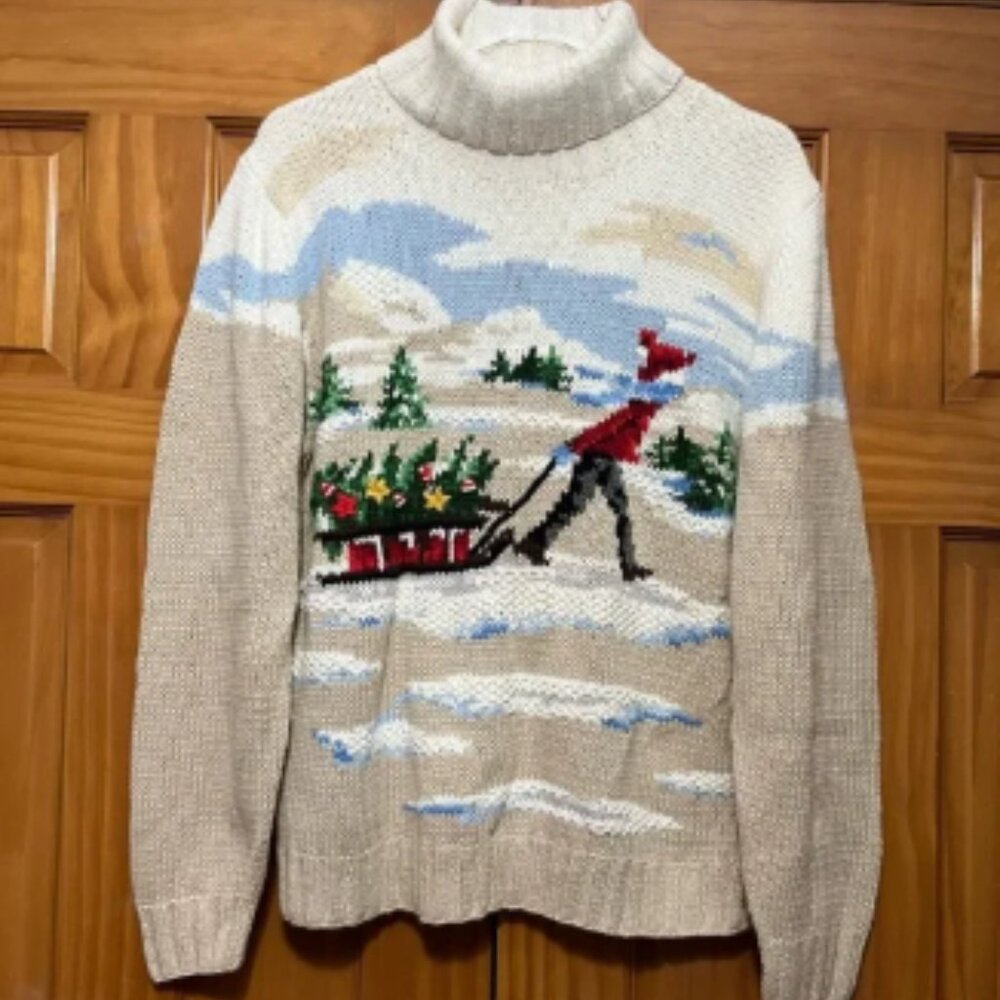 Holiday Lodge Vintage Cream & Blue Turtleneck Sweater Winter Scene Medium NWT